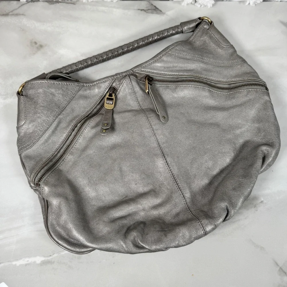 Banana Republic Silver Italian Leather Hobo Bag Purse Braided Strap Lambskin